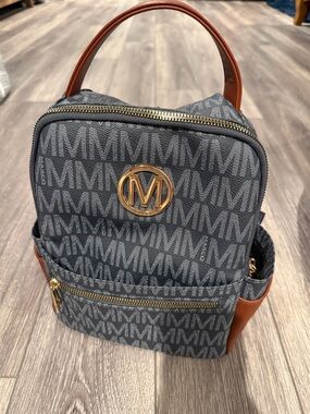 Madden Girl Gray Monogram Mini Backpack with Brown Trim